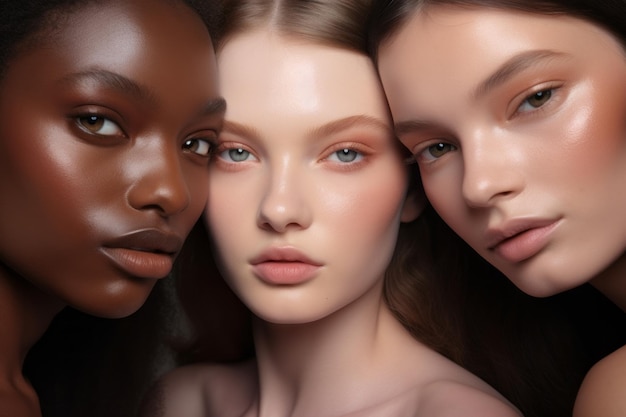 Wielokulturowe kobiety różnych ras, wyznań i kolorów skóry pozują z makijażem Młode kobiety obejmują przyjaźń