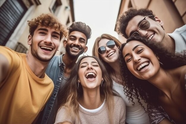 Zdjęcie wielokulturowi przyjaciele robią sobie selfie z telefonem komórkowym na zewnątrz szczęśliwi młodzi ludzie bawiący się na ulicach miasta koncepcja letnich wakacji z chłopcami i dziewczynami cieszącymi się ai generatywnej