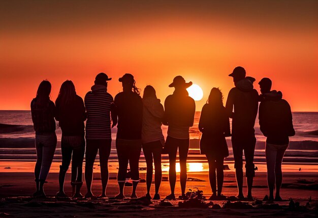 Wielorasowa grupa ludzi w czasie zachodu słońca