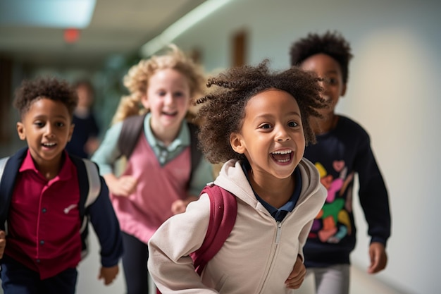 Wielorasowe dzieci biegające w szkolnym korytarzu ucieleśniające powrót do szkoły podniecenia