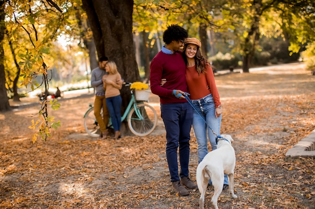 Wielorasowe para spaceru z psem w parku jesień