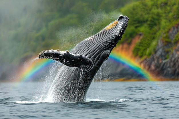 Zdjęcie wieloryb grzbietowy uderzający z oceanu przed tęczą