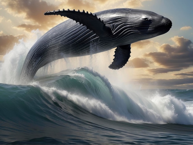 Zdjęcie wieloryb grzbietowy wyskakuje z wody, by złapać falę.