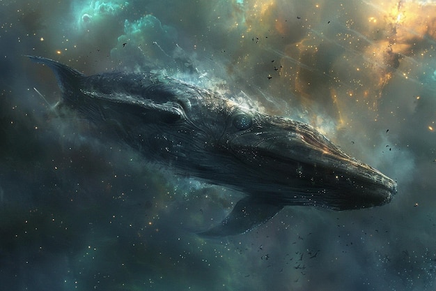 Wieloryb lata na nocnym niebie z gwiazdami wokół niego.