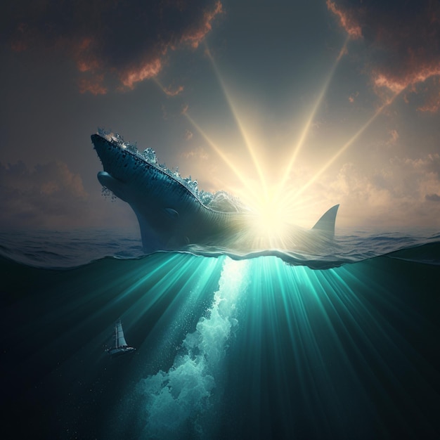 Wieloryb pływa pod wodą, a słońce świeci na niego.