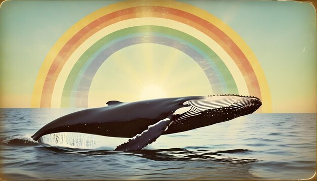 Zdjęcie wieloryb skaczący z wody z tęczą w tle wschód słońca ilustracja 2d gouache