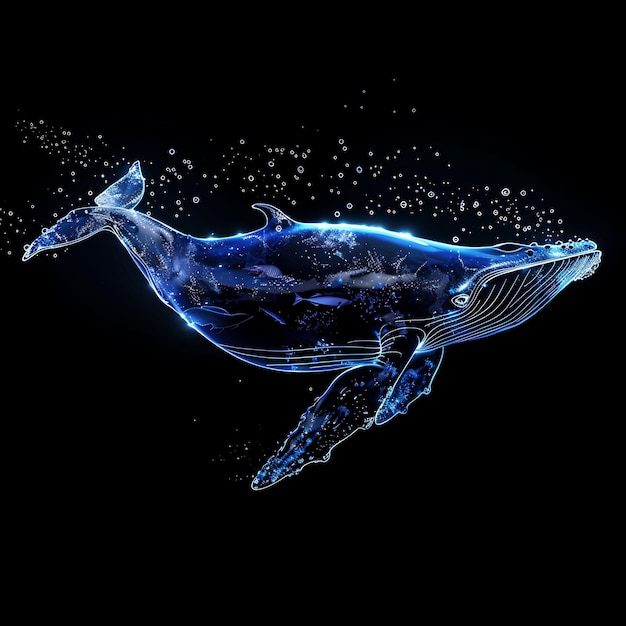 Wieloryb ukształtowany w materiale oceanicznym półprzezroczysty z niebieską sztuką tła Y2K świecąca koncepcja