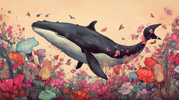Wieloryb w polu kwiatów