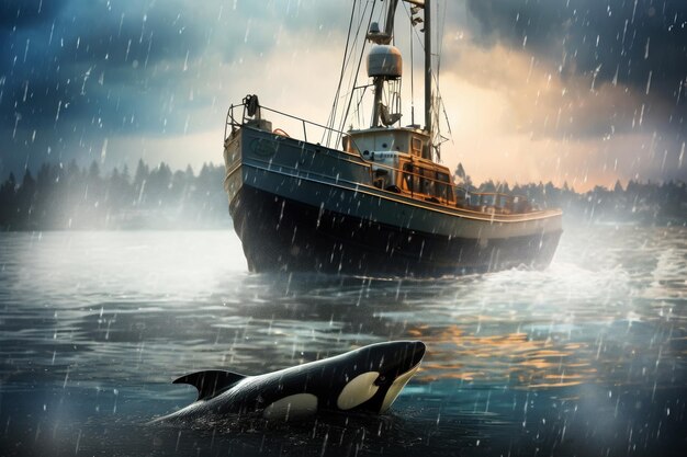 Wieloryb zabójczy i statek Koncepcja dzikiej przyrody