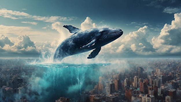 Wieloryby latające nad miastem
