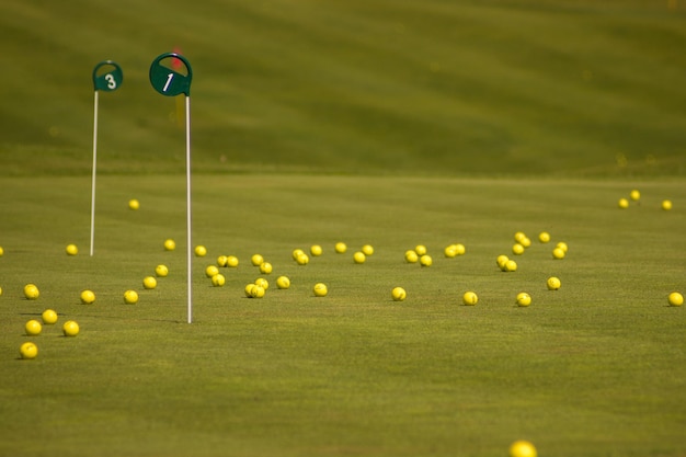 Zdjęcie wielożółte piłki golfowe na polu golfowym