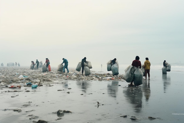 wielu aktywistów sprząta mnóstwo śmieci na plaży
