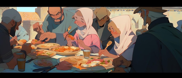 wielu ludzi jedzących razem pizzę przy stole
