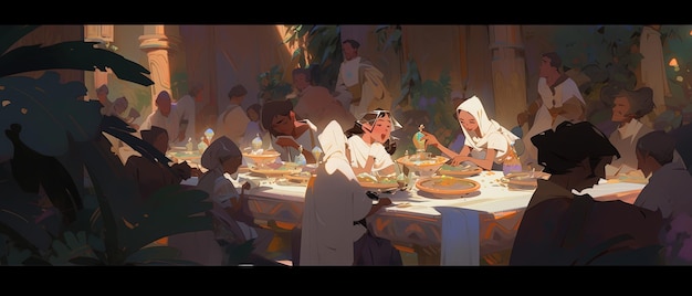 wielu ludzi siedzących przy stole jedzących razem