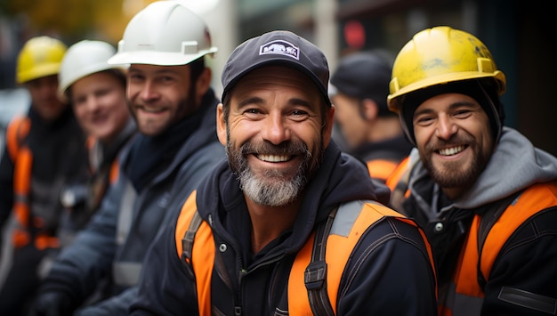 wielu uśmiechniętych robotników budowlanych obrazy handlowe
