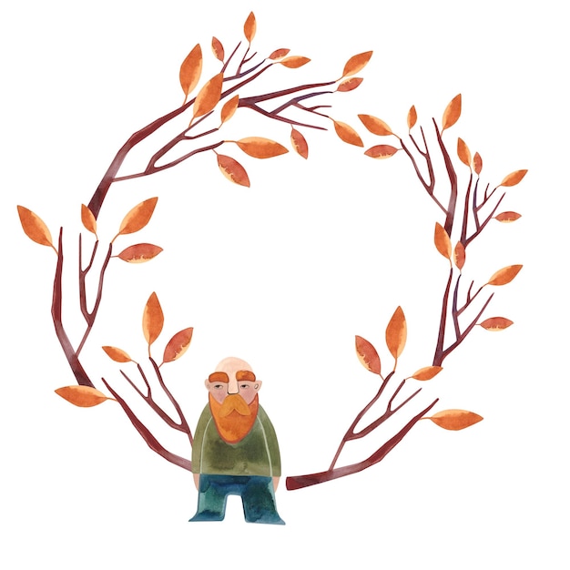 Zdjęcie wieniec akwarelowy z jesiennym drzewem z pomarańczowymi liśćmi i gnomem izolowany klipart ilustracja rasterowa do pakowania kart z życzeniami prezenty