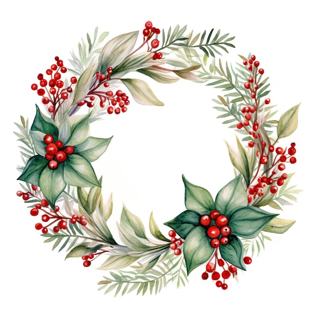 Wieniec bożonarodzeniowy z czerwonej poinsecji i liści Akwarela ilustracja świąteczna
