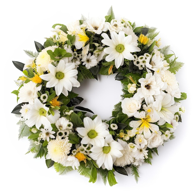 Zdjęcie wieniec pogrzebowy na białym tle symbol szacunku i sympatii klasyczny i elegancki układ kwiatowy generative ai