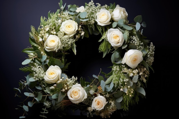 Zdjęcie wieniec pogrzebowy wykonany z białych róż i eukaliptusa