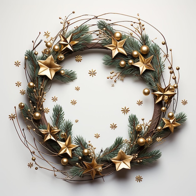 Wieniec świąteczny wykonany z naturalistycznie wyglądających gałęzi sosny ozdobiony złotymi gwiazdkami i bąbelkami