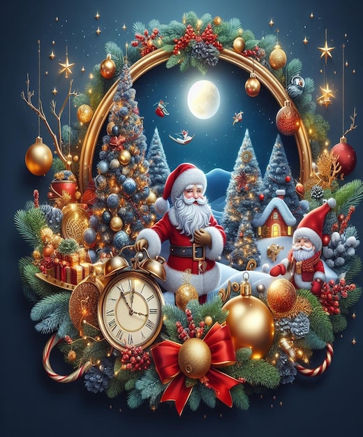 Wieniec świąteczny z Świętym Mikołajem i zegar z księżycem za nim