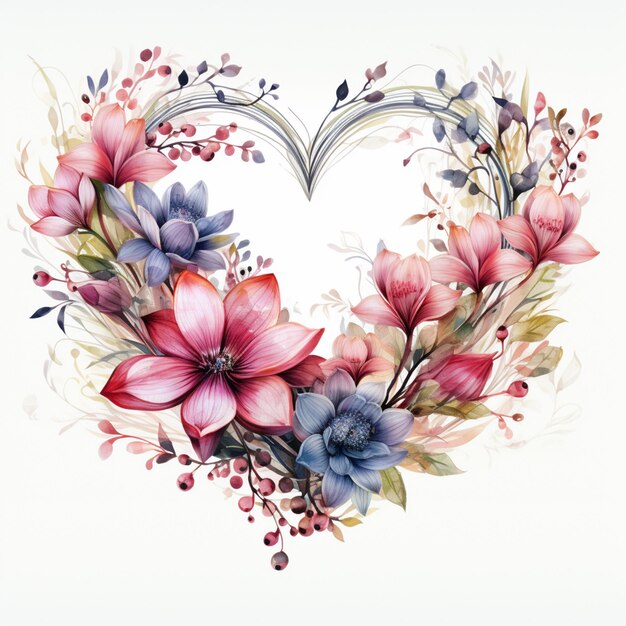 Zdjęcie wieniec w kształcie serca wykonany z kwiatów i jagód