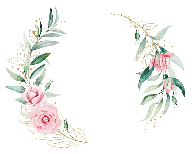 Wieniec z różowych akwarelowych kwiatów i zielonych liści ślubnych i powitalnych ilustracji