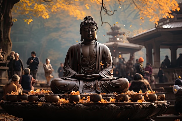 Wierni otaczają olbrzymi posąg Buddy w modlitwie generatywnej IA