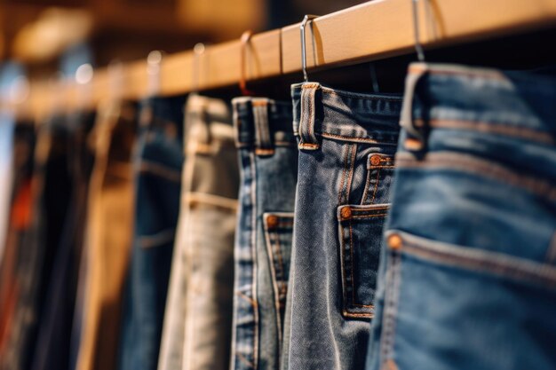 Wiersz jeansów wiszących w szafie Sklep z dżinsami w centrum handlowym Denim sales Generative AI