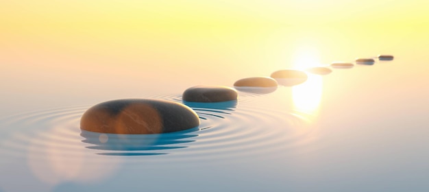 Zdjęcie wiersz kamieni w spokojnej wodzie w medytacji szerokiego oceanu i obrazie koncepcji zen