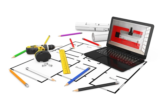 Zdjęcie wiertarka, linijka, ołówki, laptop i plany planu projektu mieszkaniowego na białym tle. renderowanie 3d
