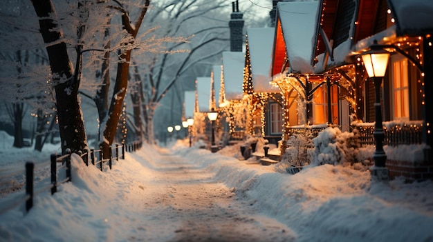Wieś i pomarańczowe latarnie uliczne pokryte ciężkim śniegiem