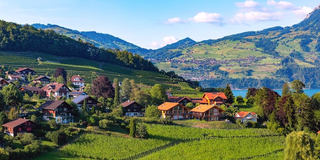 Wieś Spiez nad jeziorem Thun, Szwajcaria