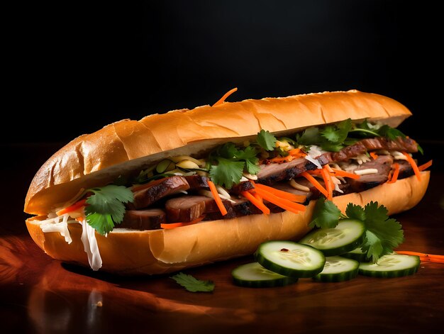 Wietnamska kanapka Banh Mi z cilantro i daikon na ciemnym tle Ai Generative