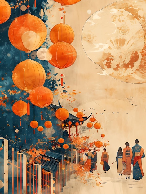 Zdjęcie wietnamska scena festiwalu środkowej jesieni z paradą latarni moo festival background layout art decor
