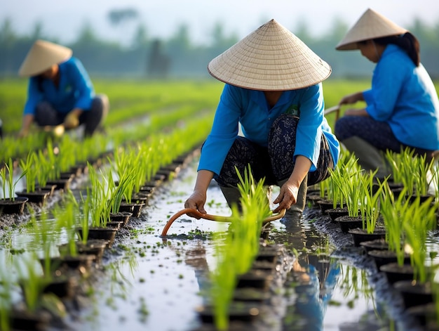 Wietnamskie kobiety przeszczepiają sadzonki ryżu wygenerowane ai