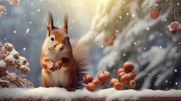 Wiewiórka cieszy się żołędziami na śnieżnym tle