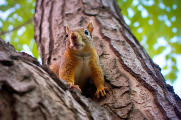 Wiewiórka gryząca orzech włoski na drzewie stworzonym za pomocą generatywnego AI