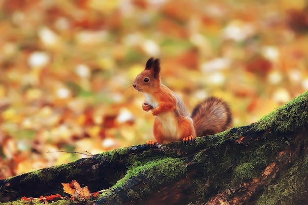 wiewiórka jesienią / jesienią portret wiewiórki, żółty park z opadłymi liśćmi, koncepcja jesień natura przygotowanie do zimy, ruda mała bestia w lesie