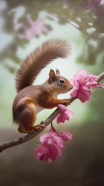 Wiewiórka na gałęzi z różowymi kwiatami
