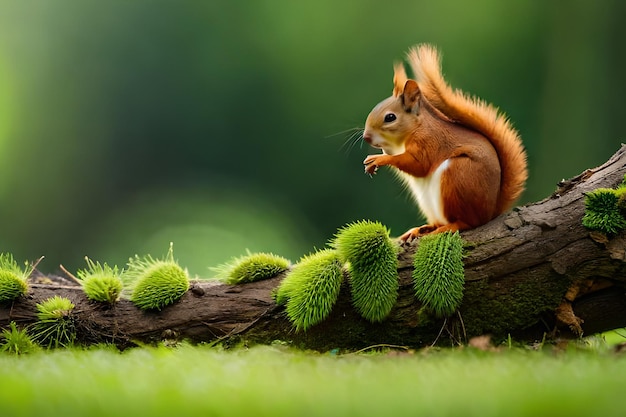 Wiewiórka siedzi na gałęzi z kulką kasztanów
