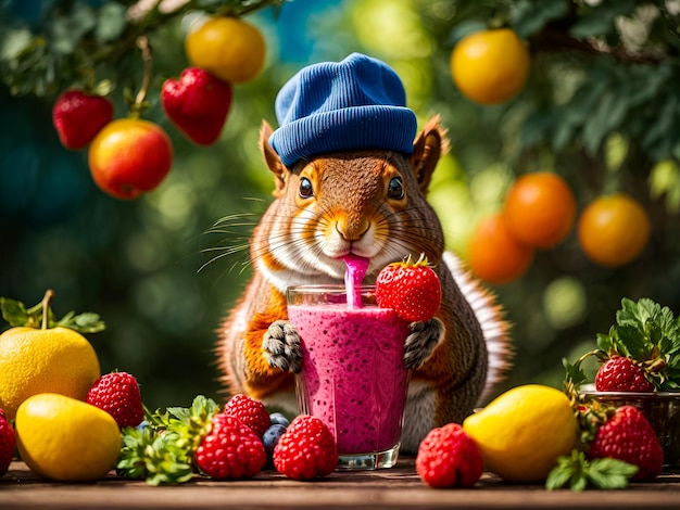 Zdjęcie wiewiórka trzymająca słomkę z kolorowym smoothie owocowym, łącząc ideę cieszenia się napojem