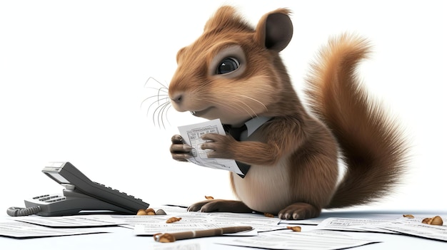 Wiewiórka w garniturze i krawacie siedzi na biurku i patrzy na rachunek.