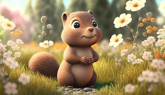 Wiewiórka w polu kwiatów