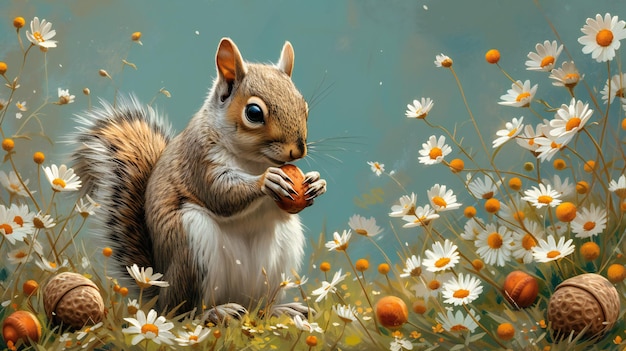 Zdjęcie wiewiórka w przyrodzie z żołędziem otoczona białymi i żółtymi kwiatami doskonała dla przyrody dzikiej przyrody