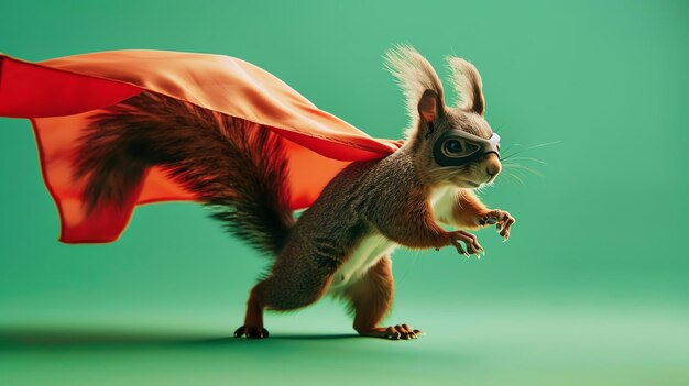 Zdjęcie wiewiórka w superbohaterskiej pelerynie i masce stoi na tylnych nogach, wyglądając na zdeterminowaną, wiewiórka jest otoczona zielonym tłem.
