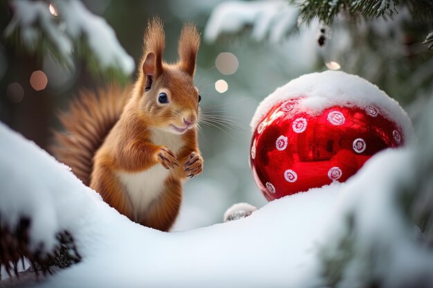 Zdjęcie wiewiórka w świątecznym lesie