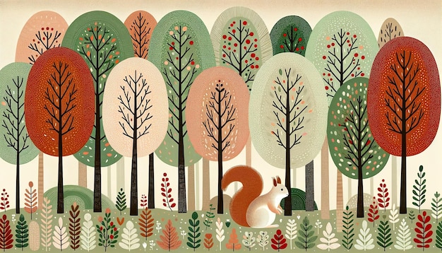 Wiewiórka wśród wzorzystych drzew w tętniącym życiem jesiennym lesie