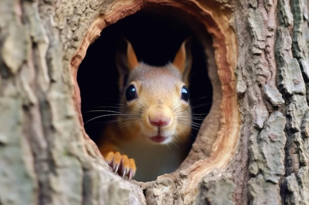 Wiewiórka wyglądająca z dziury w drzewie z orzeszkiem w ustach stworzonym za pomocą generatywnej sztucznej inteligencji