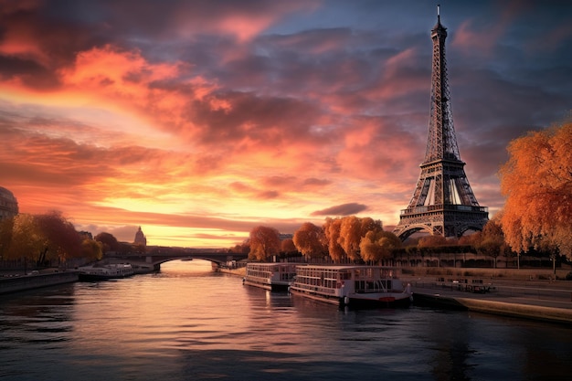 Wieża Eiffla i rzeka Sena o zachodzie słońca Paryż Francja Wieża Eiffel i rzeka Seine o zachodzie Słońca AI generowane